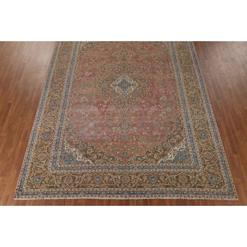 Distressed Mashad Vintage Persian Area Rug Hand-Made Wool Carpet - 9'7" x 13'2"