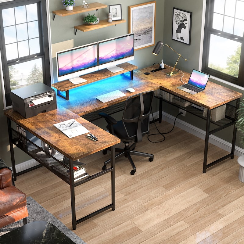 3-in-one U-Shape Computer Desk with Charge Station, Office Corner Desk with Monitor Stand