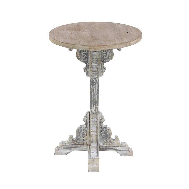 Wood Scroll Intricately Carved Accent Table with Brown Wood Top - Gray, White, Cream - Roche River Decor