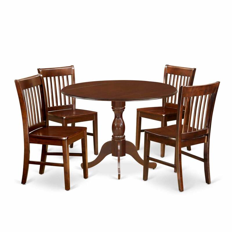 HomeStock 5-Piece Mahogany Finish Solid Wood Top Dining table with 4 Chairs with Drop Leaf Slat Back