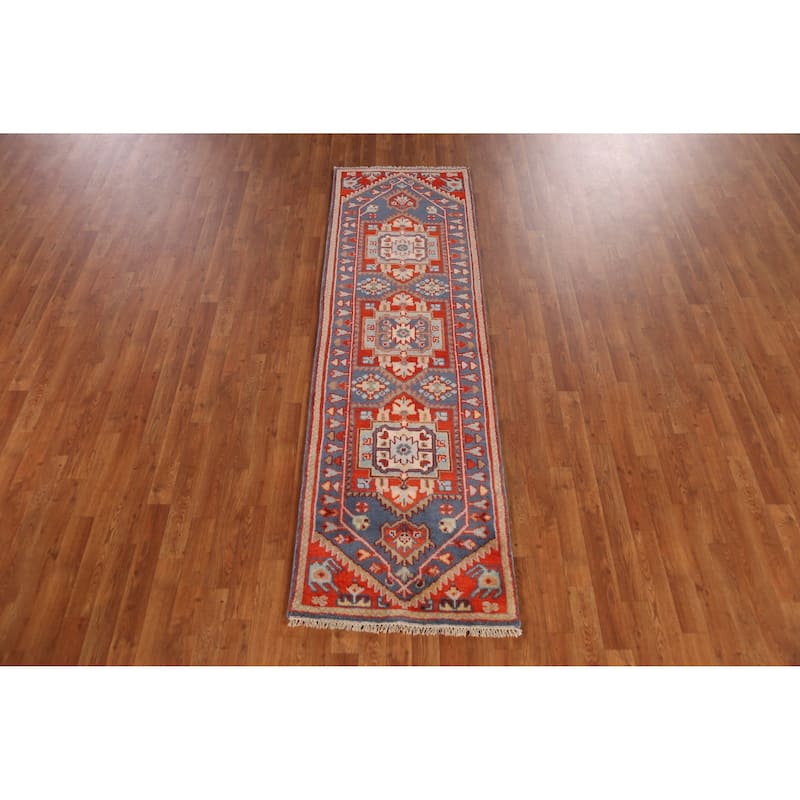 Blue Geometric Heriz Serapi Indian Runner Rug Hand-Knotted Wool Carpet - 2'4" x 7'11"