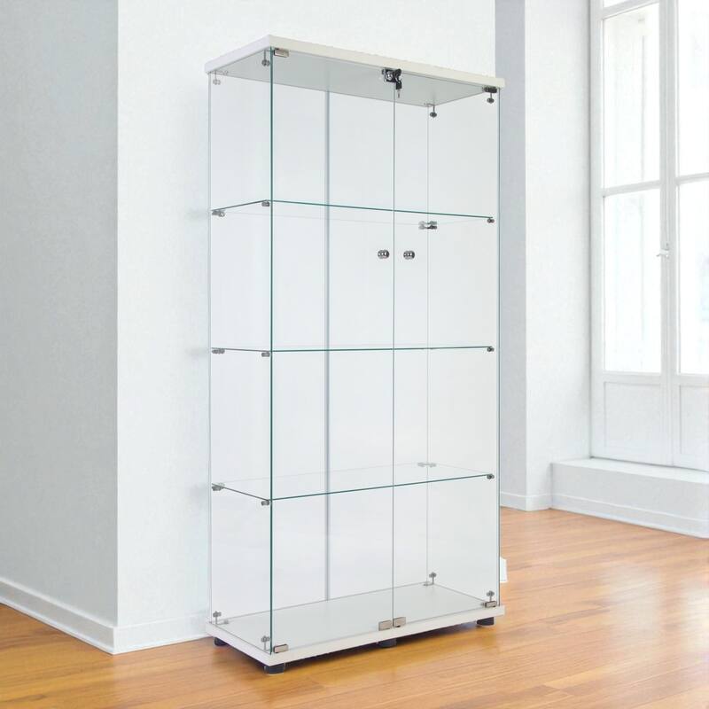 LED Glass Display Cabinet with 4 Shelves, Two Doors and Remote-Control Color Lighting