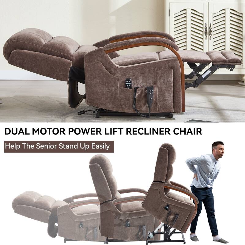 Roomfitters Dual Motor Power Lift Recliner, Infinite Position Massage Chair with Solid Wood Armrests, Chenille