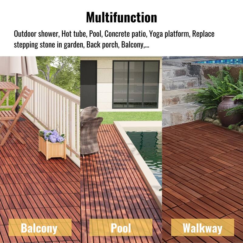 10 PCS Interlocking Deck Tiles Striped Pattern, 12" x 12" Square Acacia Hardwood Outdoor Flooring for Patio,Bancony,Pool Side