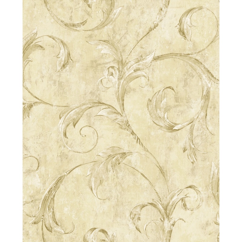 Seabrook Designs Creswell Scroll Unpasted Wallpaper - 20.5 in. W x 33 ft. L - Metallic Parchment & Khaki
