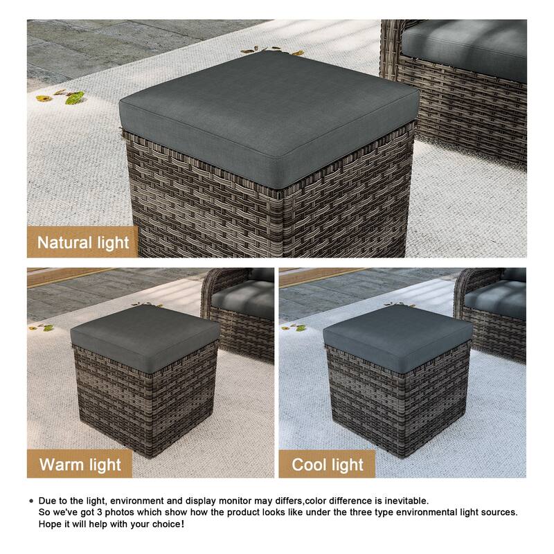 Outdoor Patio PE Wicker Ottoman with Cushion Set of 2