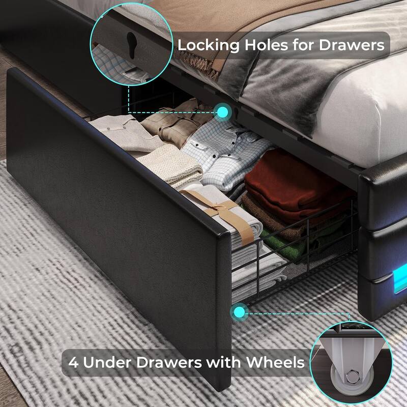 LED Bed Frame Platform Bed 2 USB Ports 4 Storage Drawers