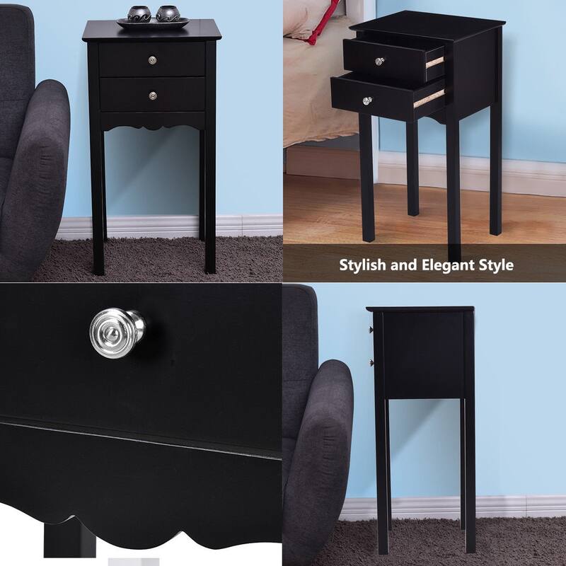 Side Table End Accent Table with 2 Drawers-Black - 16.0" x 13.0" x 30.0" (L x W x H)