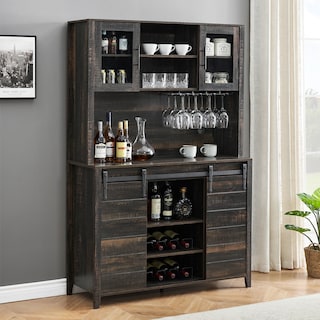 Farmhouse Coffee Bar Cabinet with Storage, 70" Tall Buffet Cabinet with Sliding Barn Door - 47.2x11.8x69.6in