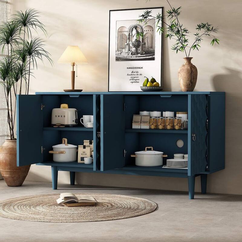 60" Modern 4-Door with Convex Pattern Doors and Silver Handles Buffet/Sideboard