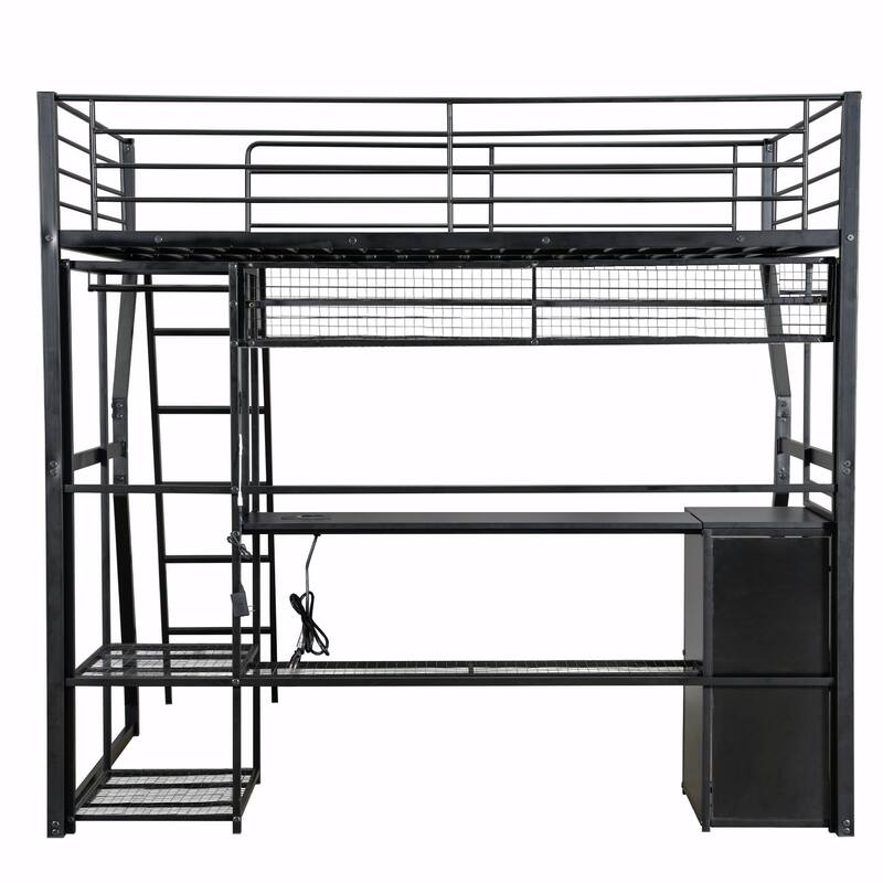 Full Size Metal Gaming Loft Bed with Built-in Work Station, Open Wardrobe, LED Lights