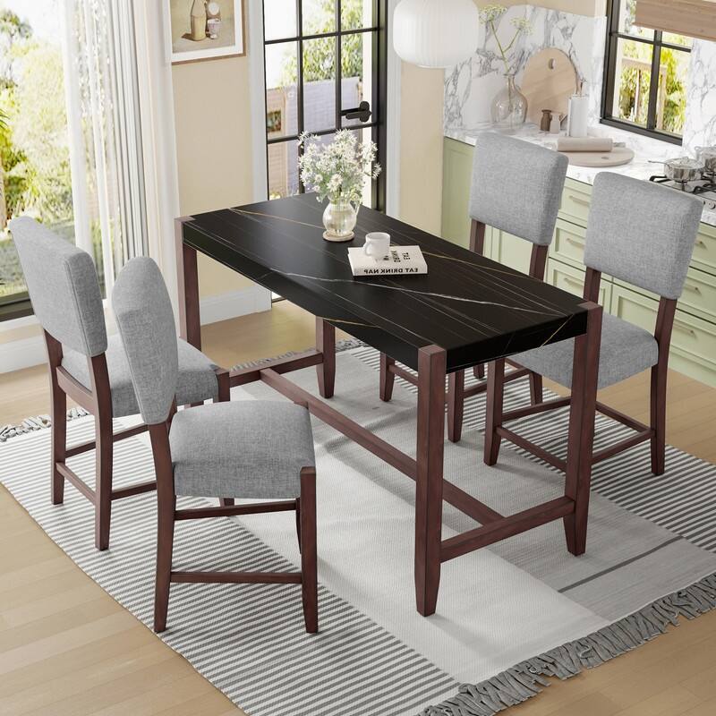 Modern 5-Piece Counter Height Dining Table Set, Faux Marble Bar Table and 4 Upholstered-Seat Chairs - Black+ Gray