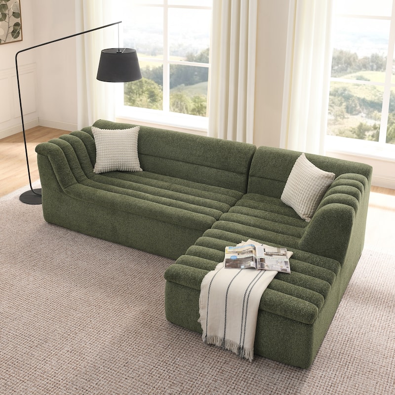 Roomfitters L-Shaped Modular Sectional Sofa with Chaise, Chenille Upholstery and Wave-Shaped Armrest - Green