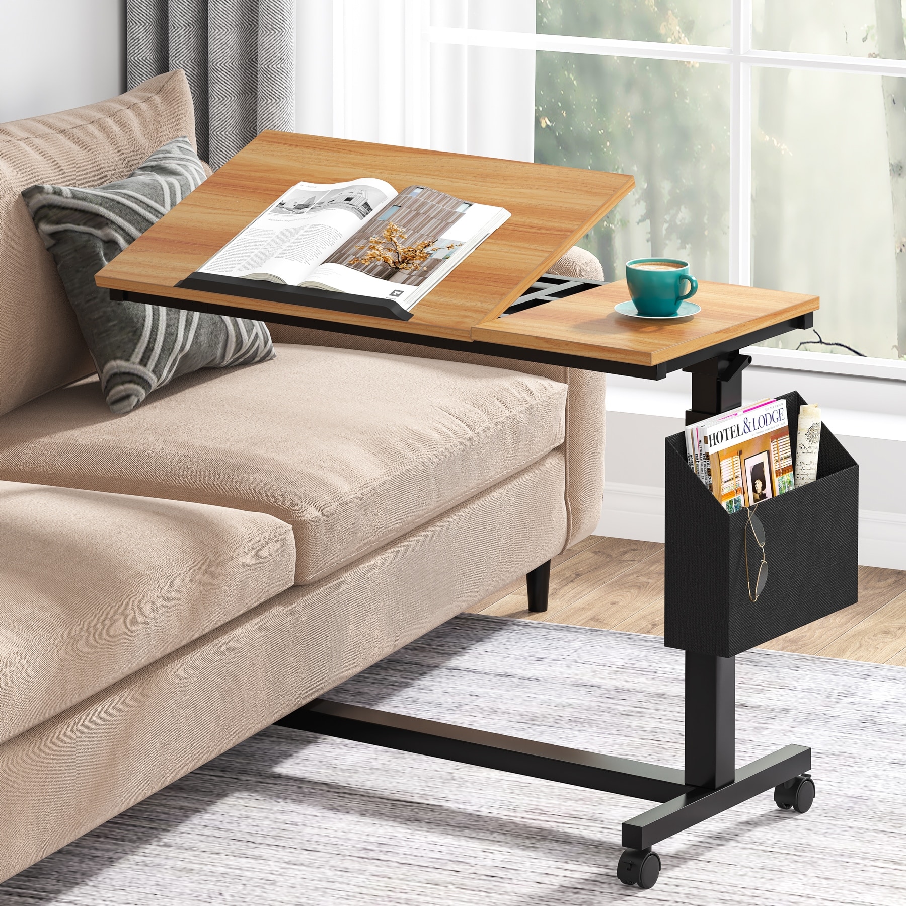 Height Adjustable C Shaped End Table with Wheels and Side Pocket