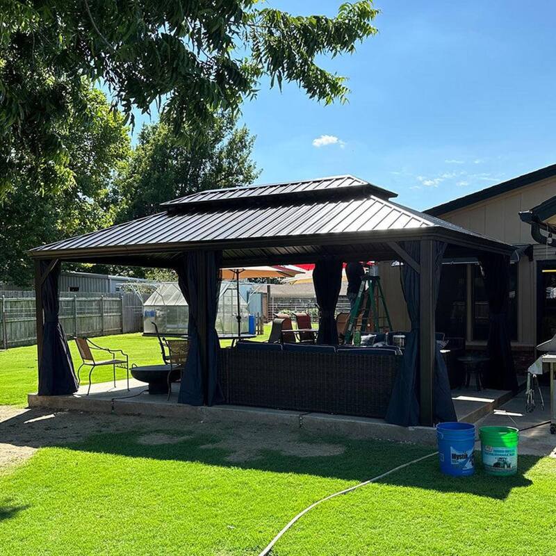 PURPLE LEAF Hardtop Aluminum Gazebo with Curtains and Netting, Double Roof Patio Gazebo