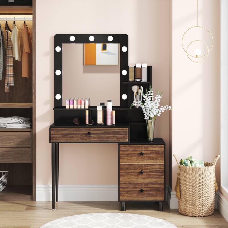 Vintage Vanity Table with Lighted Mirror and 3-Drawer Chest