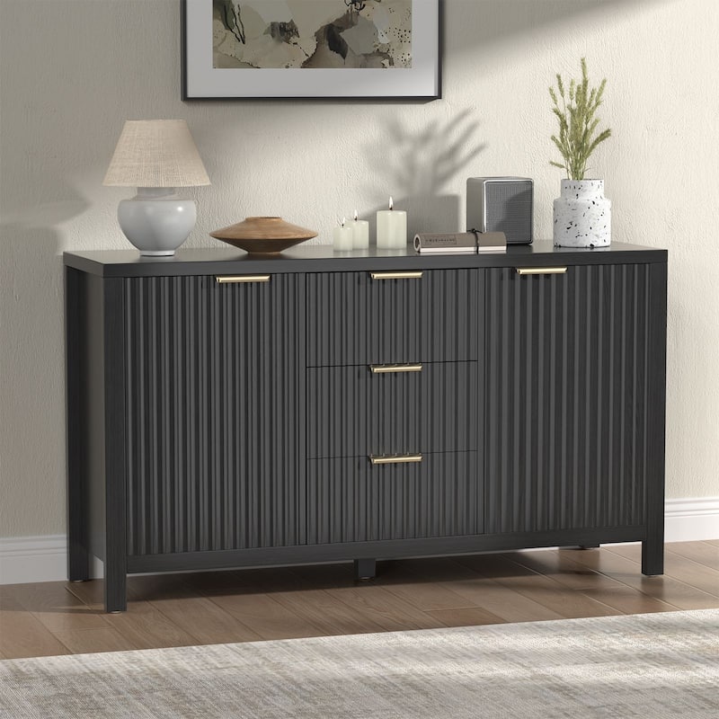 Gymojoy 47" Fluted Sideboard Buffet Cabinet with 3 Drawers, Adjustable Shelves for Living Room, Dining Room - Black