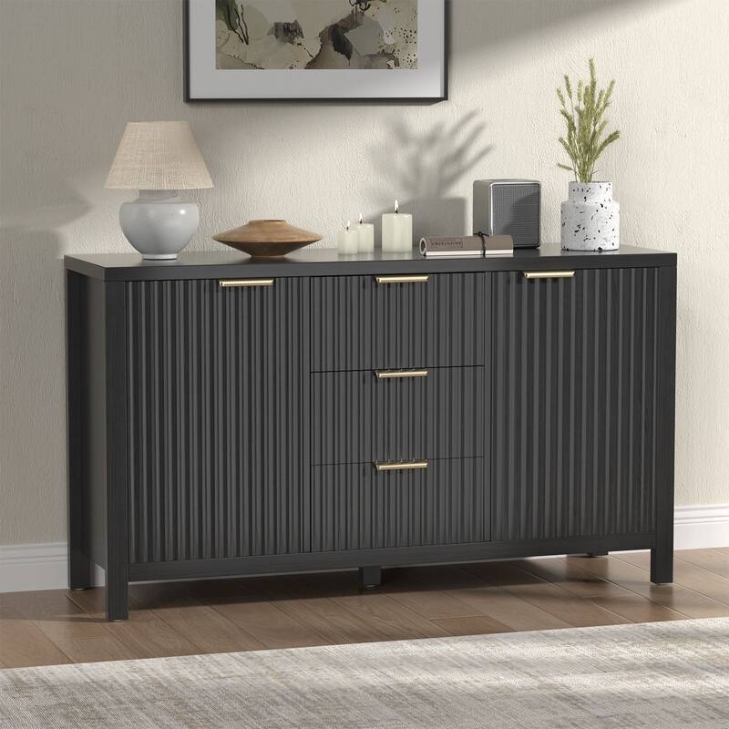 Meyreso 55" Wide Coffee Bar with 2 Adjustable Shelves, Modern Farmhouse Sideboard Buffet with 4 Drawers