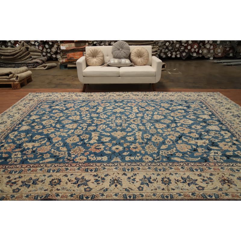 Hand Knotted Oriental 100% Wool Carpet Traditional All-Over Navy Blue & Blues Kashan Area Rug - 12' 6'' X 9' 3''