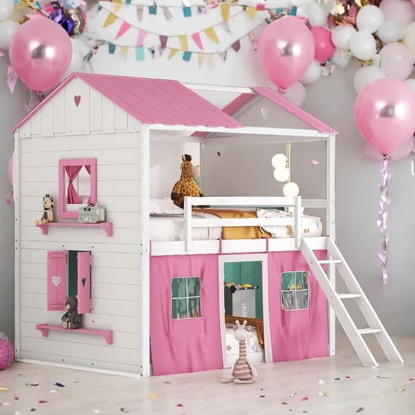 slide 2 of 24, Full Size Bunk Wood House Bed with Elegant Windows, Sills and Tent Pink