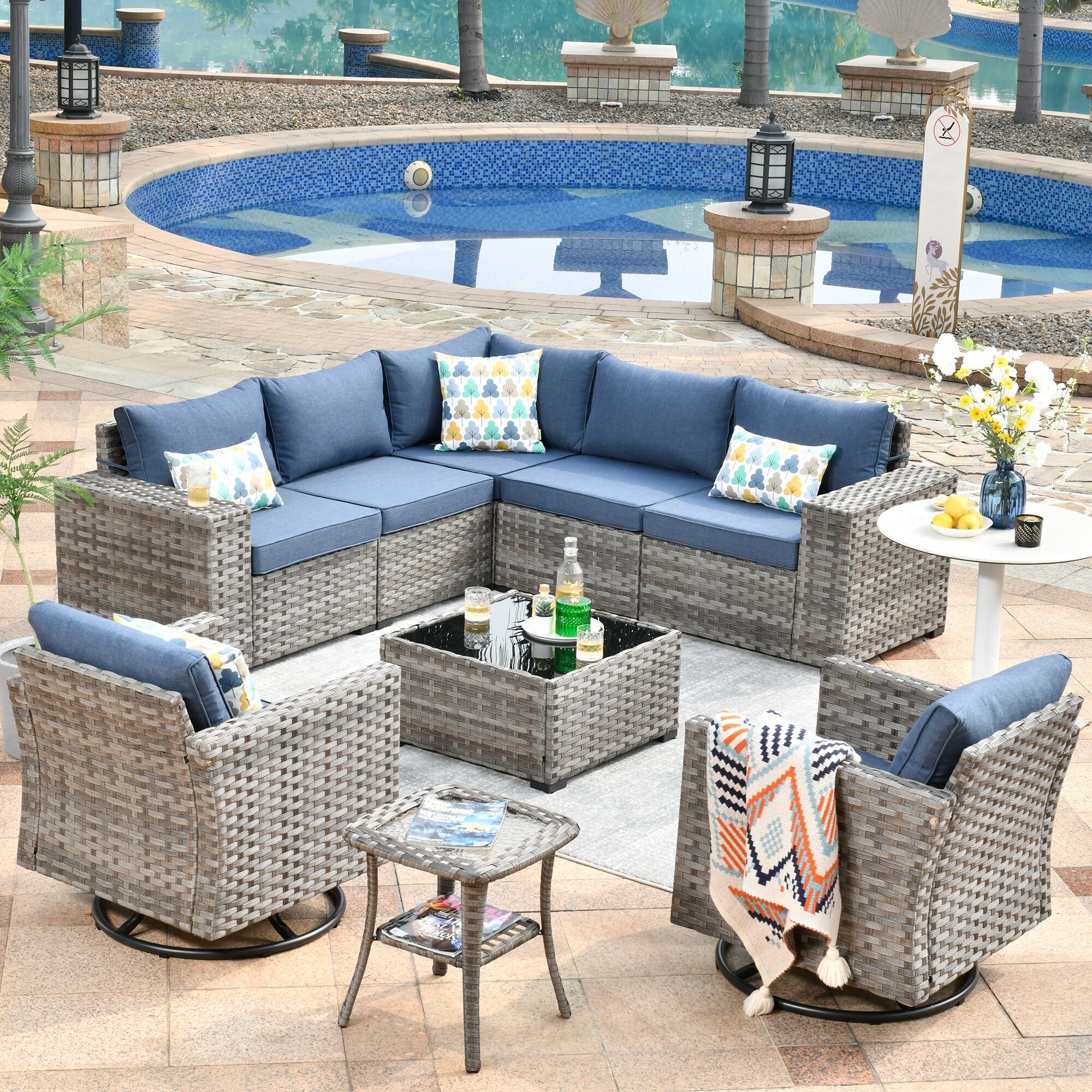 OVIOS 9 piece Patio Wicker Swivel Rocking Chair Set with Glass