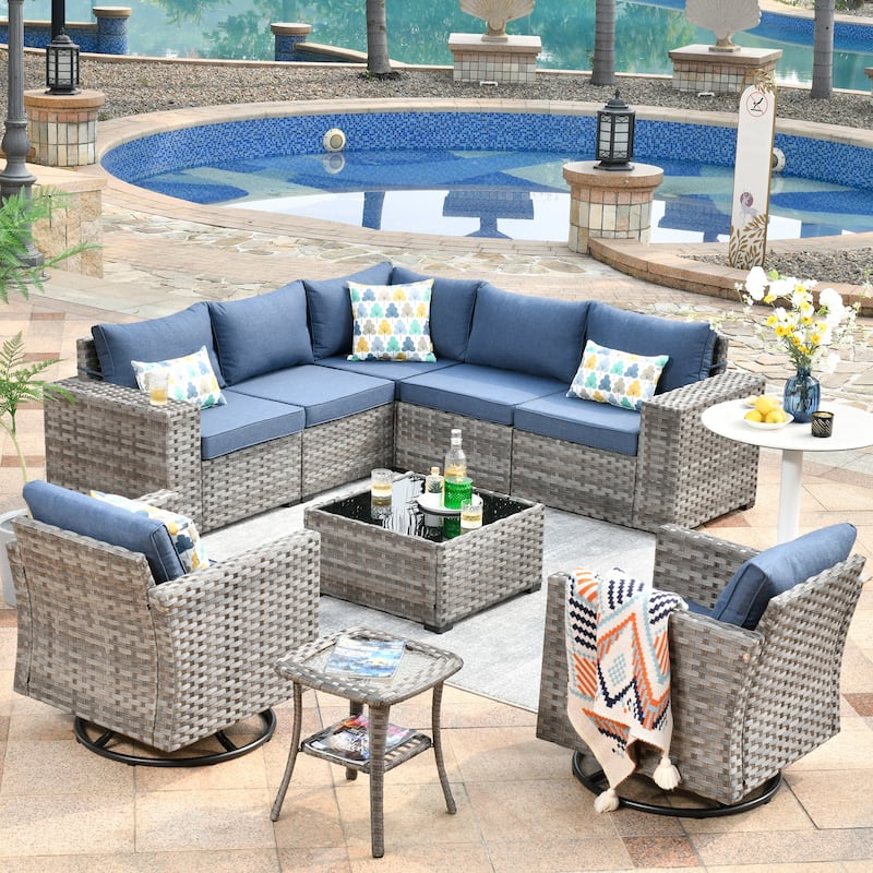 OVIOS 9-piece Patio Wicker Swivel Rocking Chair Set with Glass-Top Tables - Denim Blue