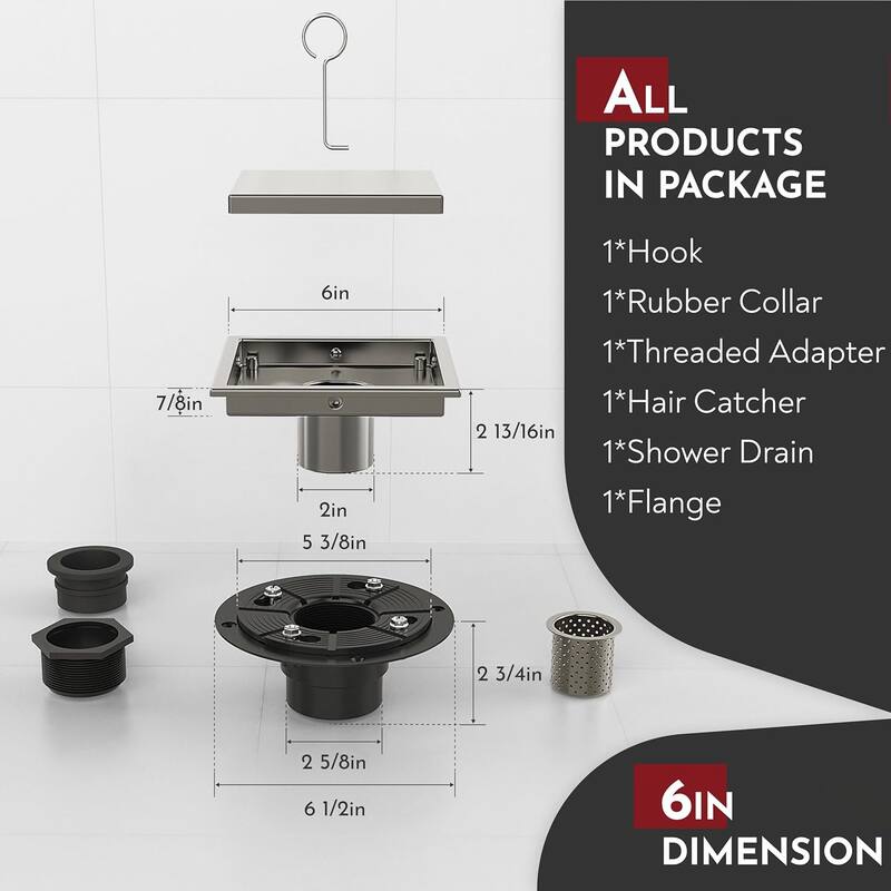 4-Inch Square Shower Floor Drain, Quadrato Pattern Grate - 4 inch