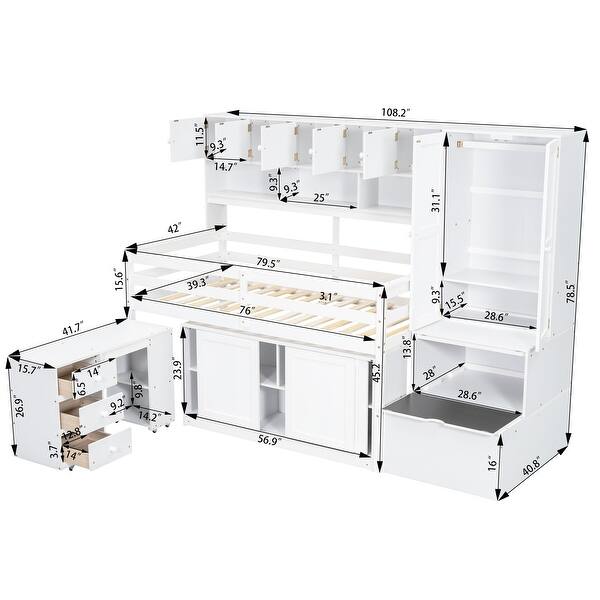 Efficient Twin Size Wooden Loft Bed Big Storage, Under-bed Desk, Drawers and Integrated Wardrobe, Mobile Workstation, White