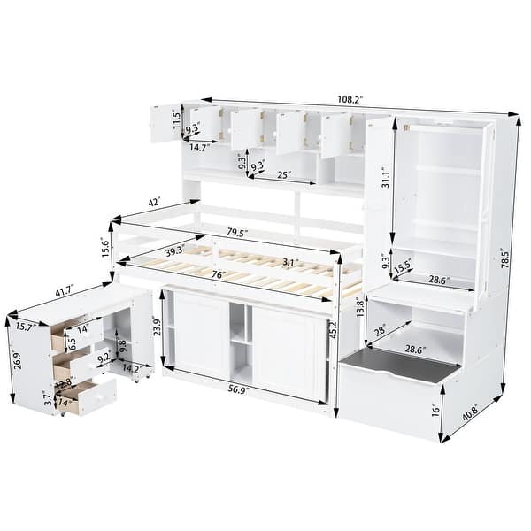 Twin Size Low Loft Bed for Kids, Wood Loft Bed w/Under-Bed Desk, Storage Drawers, Wardrobe & Shelves, White Big Storage Wood Bed