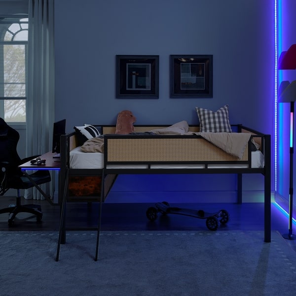 slide 2 of 9, Metal Loft Bed with Storage Shelves and Ladder, Black+Brown Black+Light Brown Desk