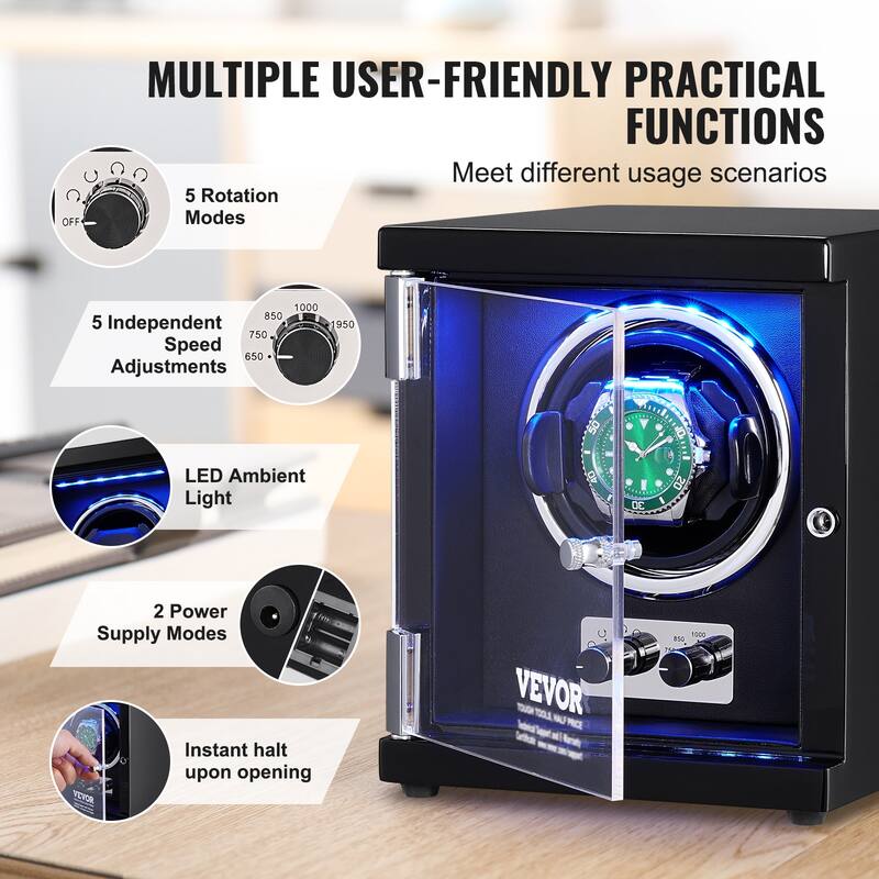 VEVOR Watch Winder with 1-8 for Men's and Women's Automatic Watches with Super Quiet Japanese Mabuchi Motors LED Lights