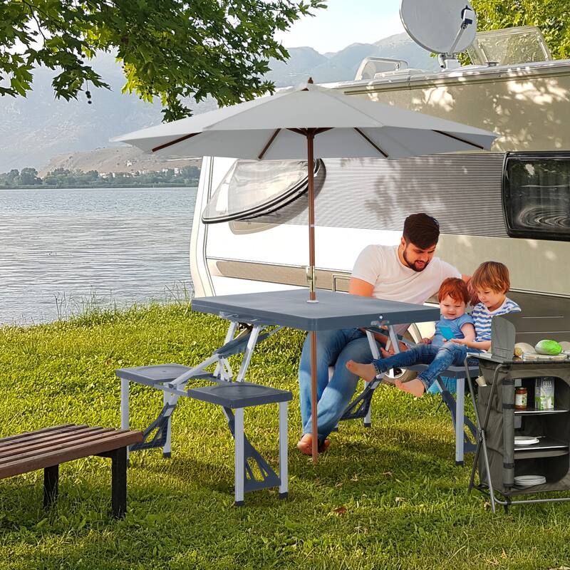 Portable Folding Picnic Table with Seats and Umbrella Hole, Multipurpose Table with Camping Chairs Set, 4-Seat, Aluminum Frame