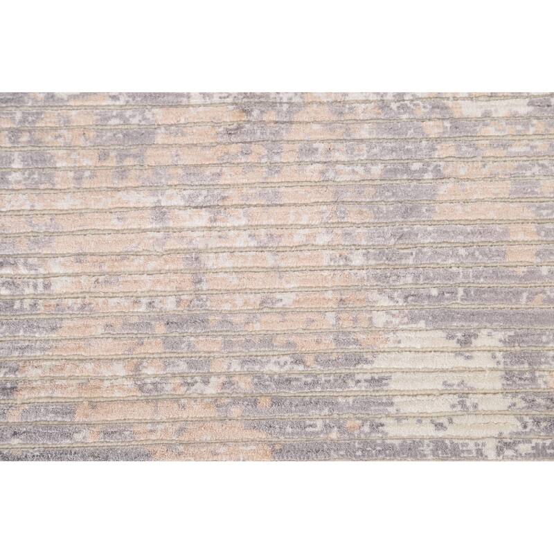 Beige Striped Modern Indian Area Rug Handmade Wool Carpet - 6'6"x 9'1"