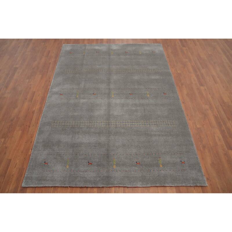 Hand Knotted Oriental 100% Wool Carpet Tribal Animal Pictorial Greys & Charcoal Gabbeh Area Rug - 8' 0'' X 5' 9''