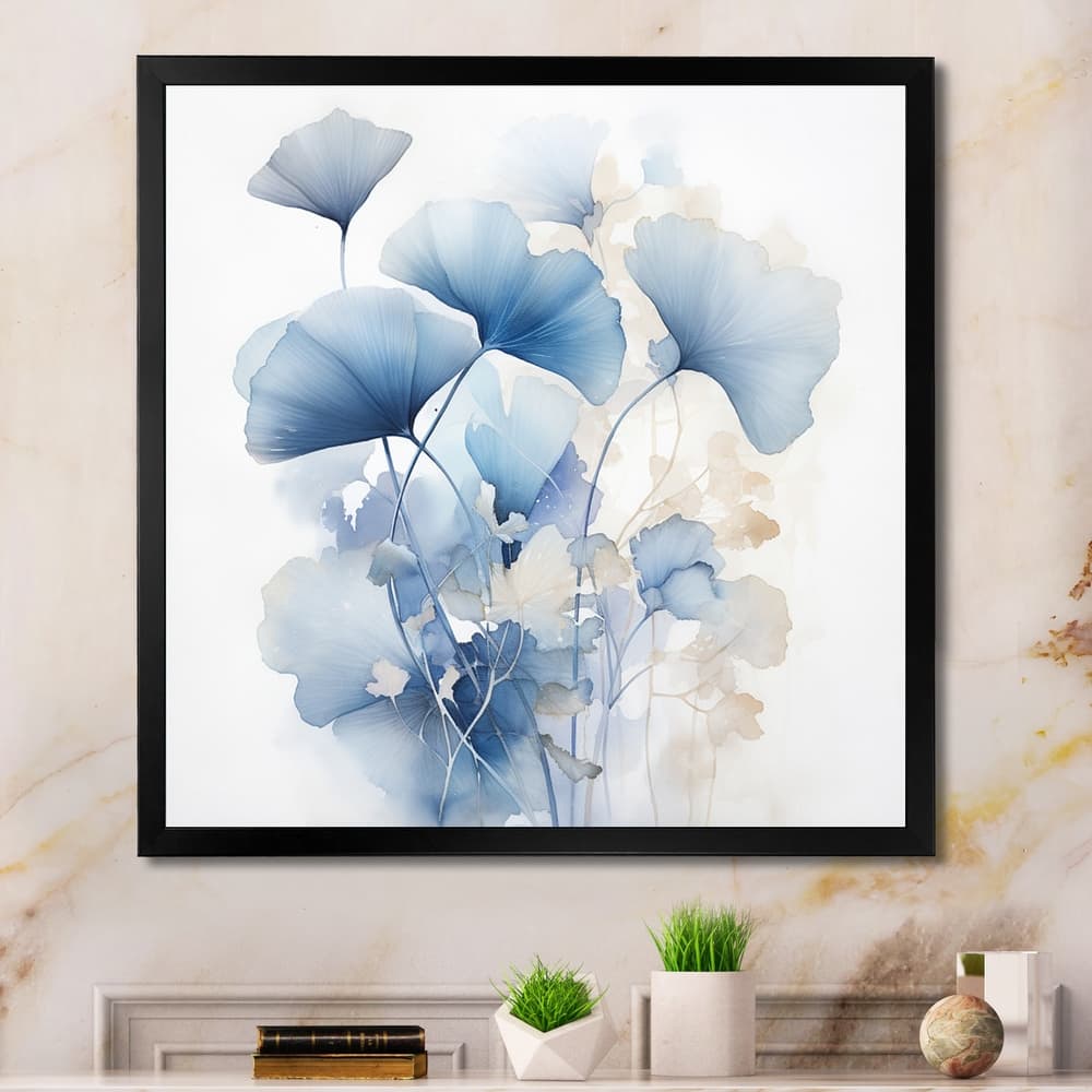 Designart "Delicate Blue Ginko Leaves On White Watercolor" Leaves Framed Wall Art Living Room