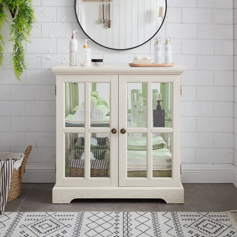Retro Display Cabinet with Lattice Doors, Adjustable Shelve and LED Lights