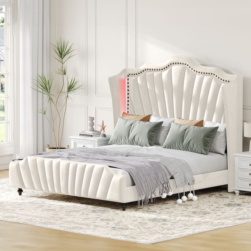 Moasis Velvet Upholstered Platform Bed Frame with 60" Tall Wingback Headboard & LED Light