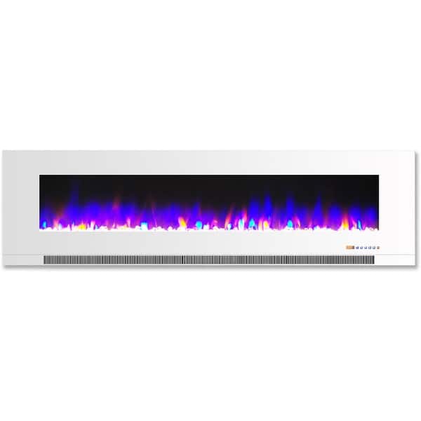 slide 2 of 10, Hanover 60 In. Wall-Mount Electric Fireplace in White with Multi-Color Flames and Crystal Rock Display