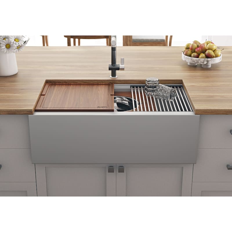 Ruvati 33-inch Workstation Two-Tiered Ledge Kitchen Sink Apron-Front 16 Gauge Stainless Steel - 33-1/2" x 20-1/8"