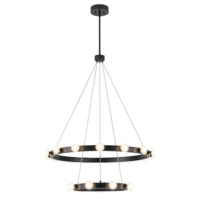 Rezz Black LED Wagon Wheel Two-Tier Round Large Chandelier - 33.86 in. W x 42.52 in. H x 33.86 in. D
