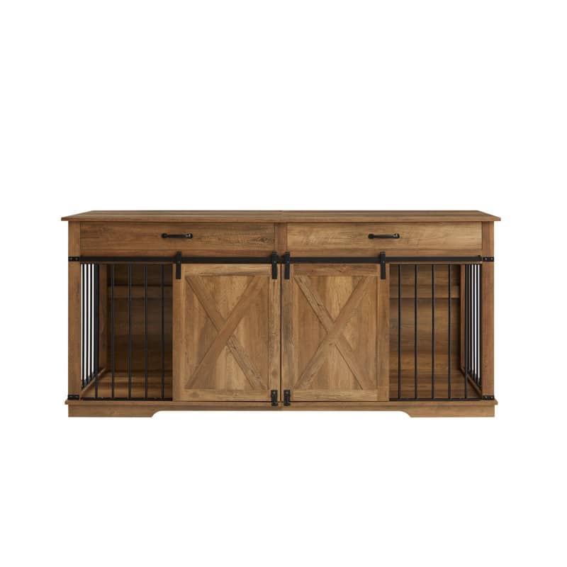 Wood Barn Door Large Dog Crate Furniture With 2 Drawers and Divider