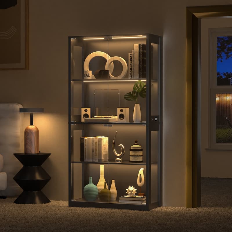 VEIKOUS 68.9" Tall Glass Display Cabinet with Built-in LED Lights & Motion Sensor for Lego, Collectibles, Figures