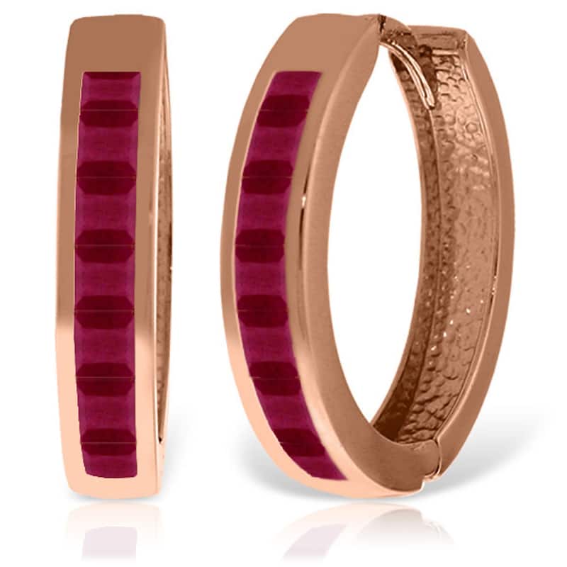 14K Solid Gold Hoop Huggie Gemstone Earrings w/ Natural Rubies - Rose