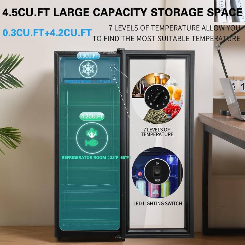 4.5 Cu.Ft Mini Fridge with Freezer, Compact Single-Door Refrigerator with LED Light