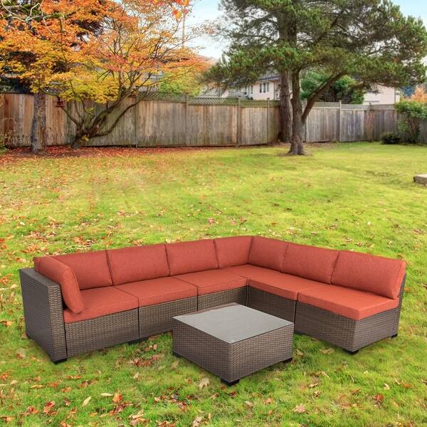 Shop Kinbor 7 Piece Patio Furniture Set Outdoor All Weather Rattan Sectional Sofa Cushioned Conversation Set W Coffee Table Overstock 31636172 Maple Orange