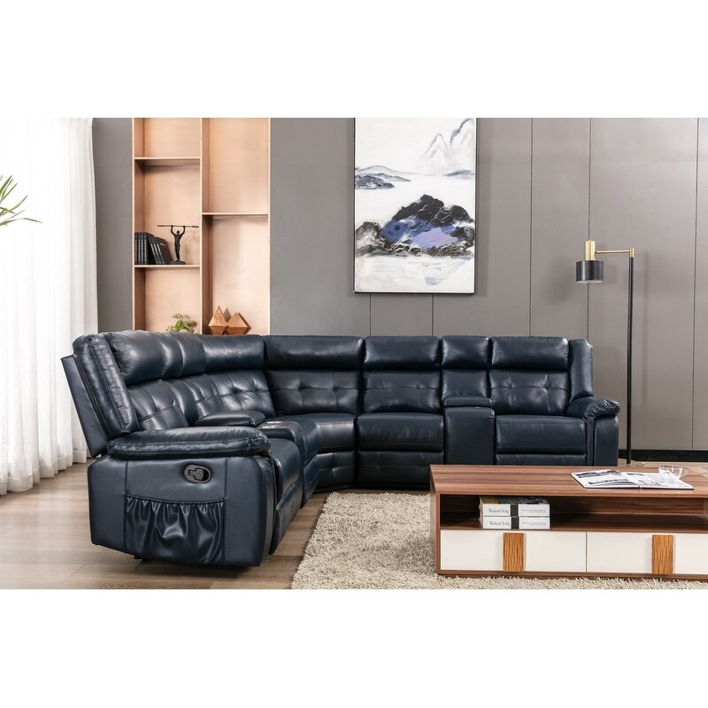 SIDA PU Leather Reclining Sectional Sofa Set Grey Dark Blue