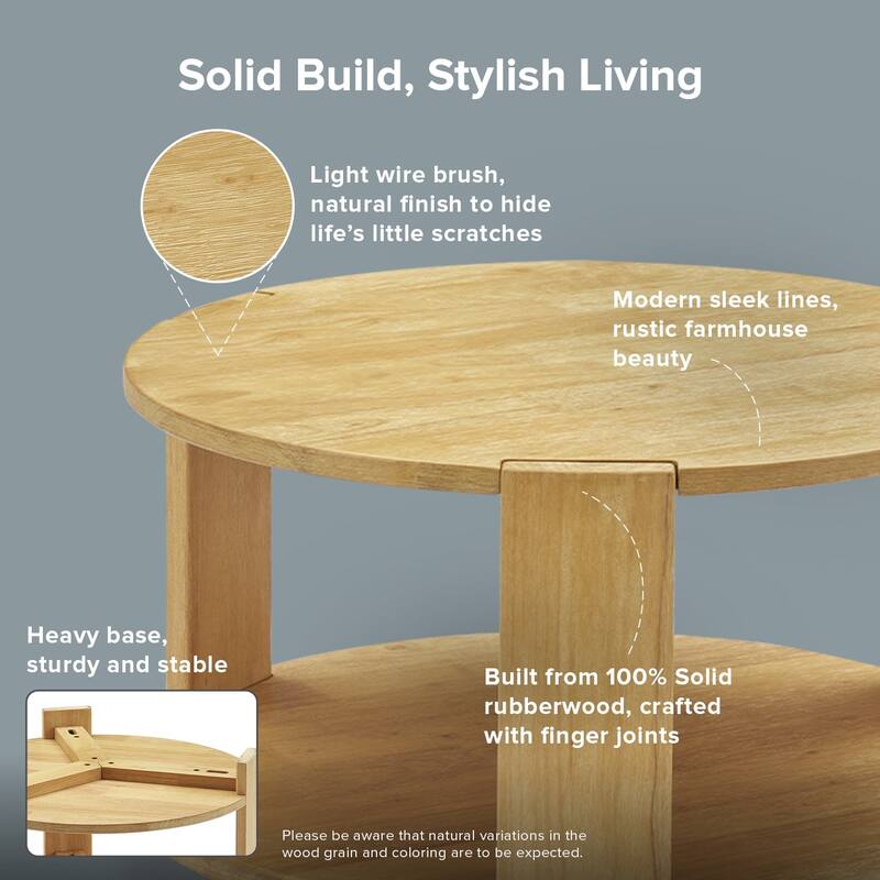 Mopio Logan Solid Wood 2-Tier Coffee Table, Modern Farmhouse Solid Rubberwood with light wire brush L Shaped Leg Joint