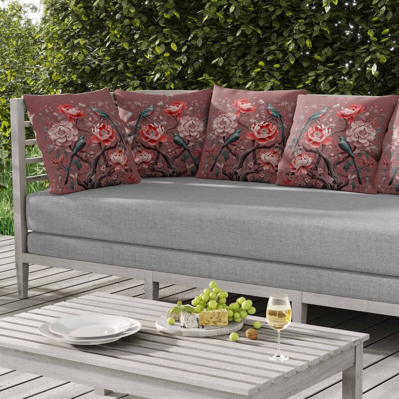 Botanical Bird Ensemble Indoor/Outdoor Reversible Throw Pillow Pink and Red