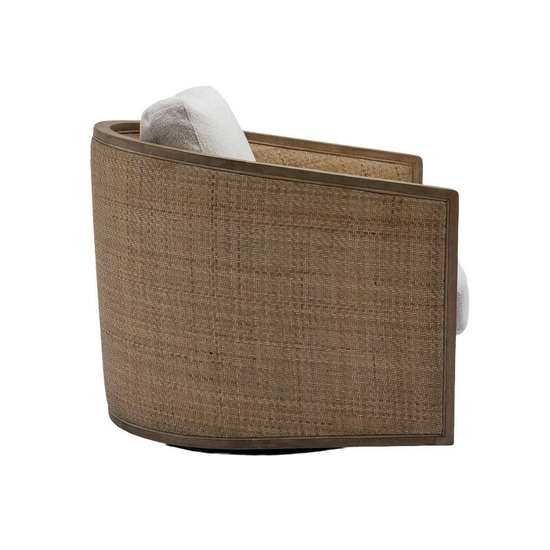 Boucle Upholstered Swivel Barrel Chair, Comfy Round Accent Sofa Chair, High Back Club Chair with Rattan Armrests