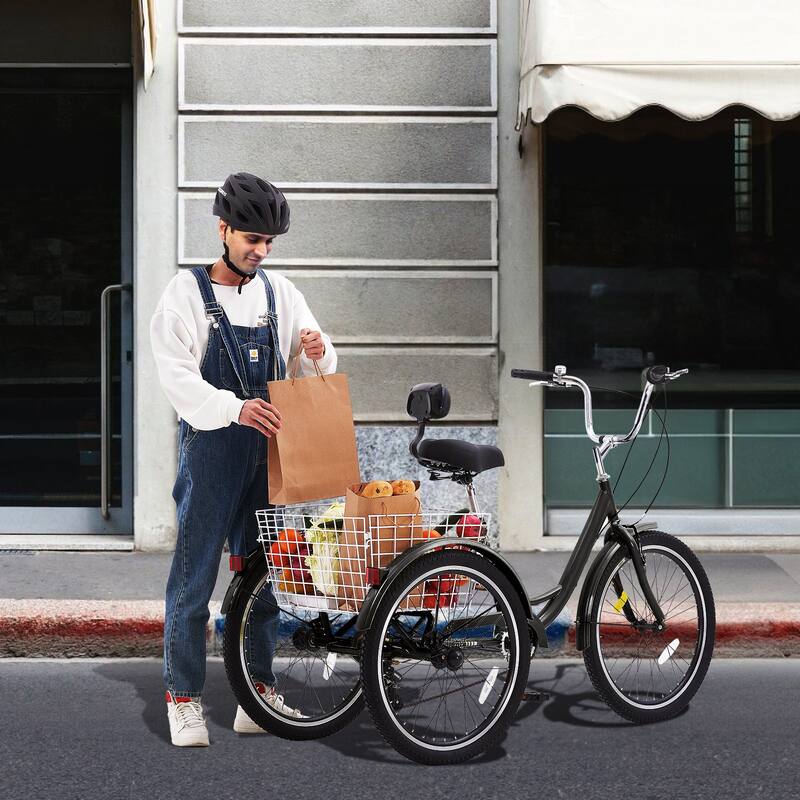 Black Carbon Steel 3-Wheel Bike with 7-Speed and Cargo Basket - 68.5” L x 29.9” W x 44.9” H